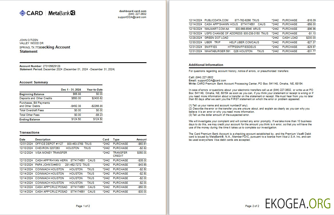 Relevé de carte USA Meta Bank Exemple Word et PDF, 2 pages